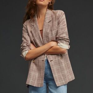 Maeve Anthropologie brown double-breasted linen blend plaid blazer 8